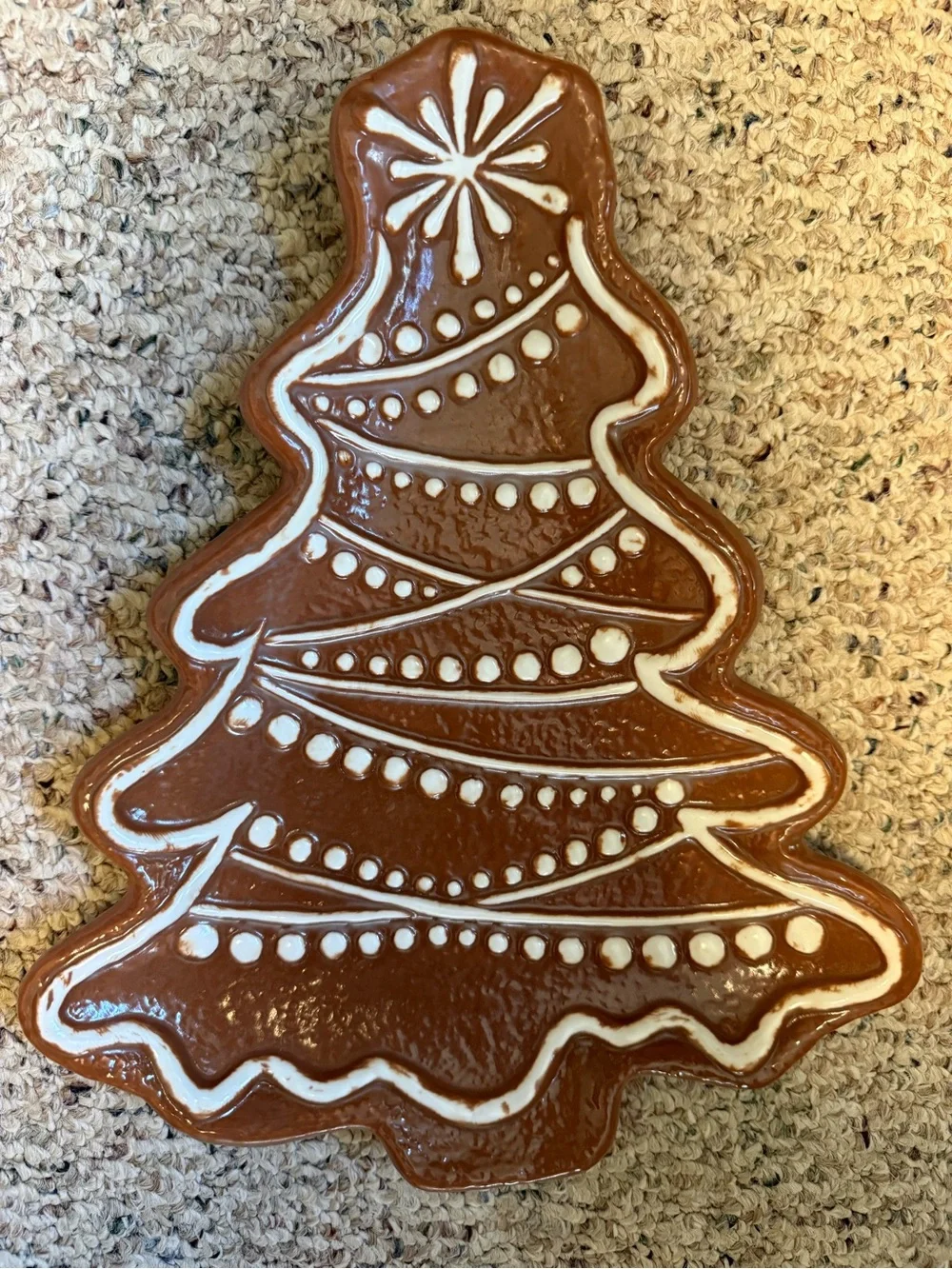 Pottery Barn Brown Ceramic Christmas Tree Platter with White Trim